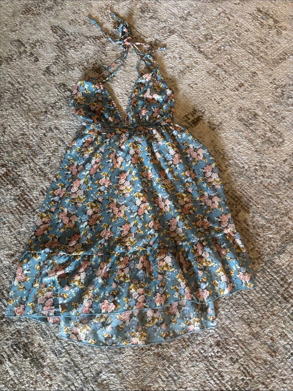 Blue Floral Backless Halter Dress with Ruffle Hem